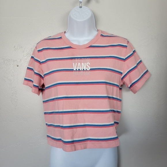 Vans Small Pink Blue White Striped Short Sleeve Crop Top Shirt Skater Cropped T - Picture 1 of 5